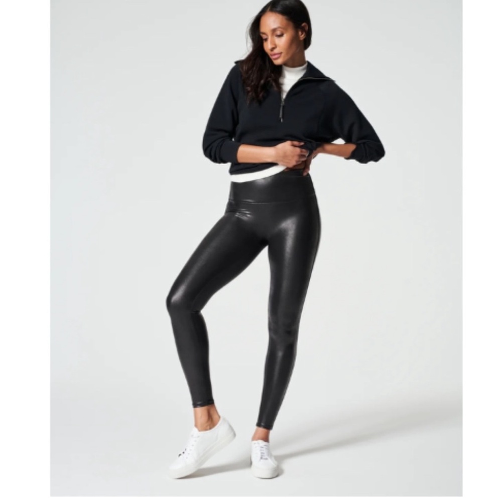 SPANX Black Faux Leather Leggings High-Waisted EUC Sz Medium - Picture 4 of 9